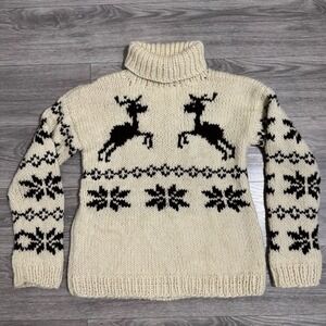 Vintage Hand Knit Reindeer Turtleneck Sweater Cream Black Nordic Mens Size M